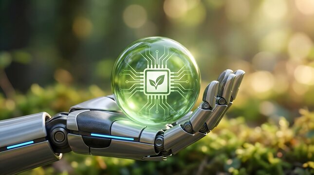 robot hand holding green circuit globe - Powered by Adobe