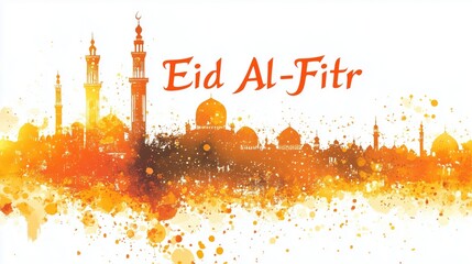 Eid Al-Fitr Celebration with Silhouettes and Mosque