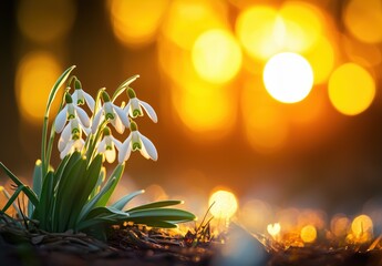Snowdrop Flowers Blooming at Sunset