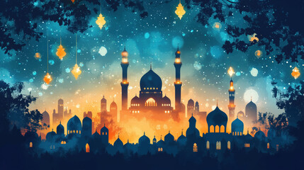 Eid Al-Fitr Night Celebration with Lanterns and Mosque