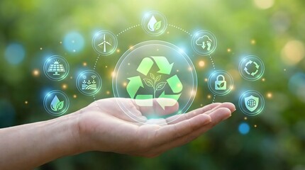 hand holding eco friendly icons and recycling symbol