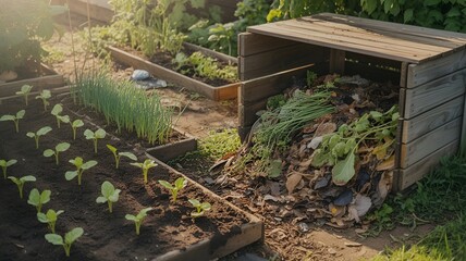 A meticulously maintained garden showcasing compost and growing plants.