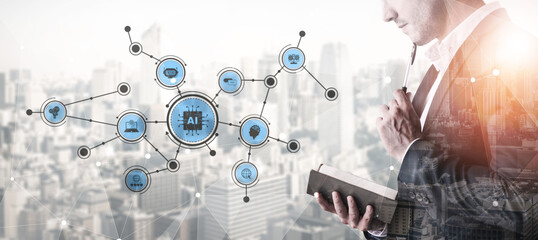 A business professional contemplates the impact of artificial intelligence in a modern city. The...