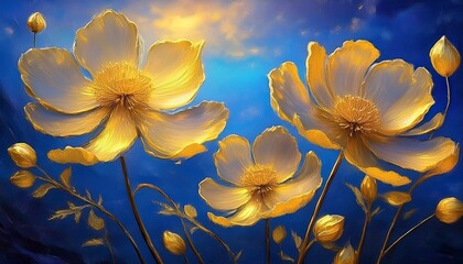 three yellow flowers in blue sky