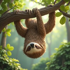 Obraz premium Adorable Sloth Hanging Upside Down in Lush Tropical Foliage