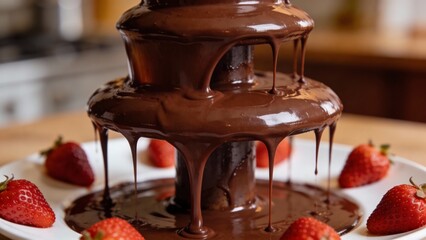 Luxurious chocolate fountain cascades over fresh strawberries in elegant dessert setting