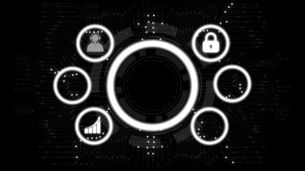 Futuristic business HUD interface animation central hub. Corporate system dashboard with service icons visualization. Digital management control panel motion graphic.