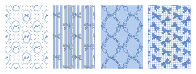 Set of Coquette seamless blue bow pattern. Striped, plaid and checkered repeating print for wrapping paper, fabric and textile. Hand drawn decorations. Flirtatious patterns. Vector illustration
