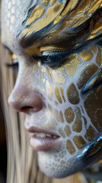 Primer plano de un rostro con maquillaje de escamas doradas y azules, evocando una criatura m&iacute;tica.