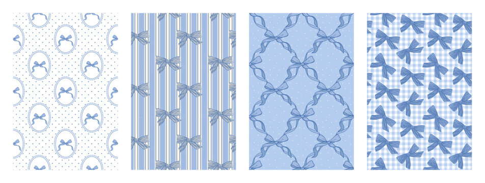 Set of Coquette seamless blue bow pattern. Striped, plaid and checkered repeating print for wrapping paper, fabric and textile. Hand drawn decorations. Flirtatious patterns. Vector illustration