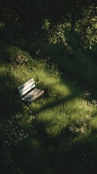 Un banco solitario ba&ntilde;ado por la luz del sol en un prado floreciente.