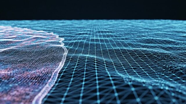 Digital water reflects technological advancement, intricate network design calming blue tones, wave on grid evokes futuristic technology immersive virtual reality with wireframe sea ocean