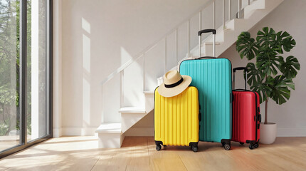 Colorful suitcases standing in a modern home entrance, ready for departure or welcoming a return from a much anticipated journey, symbolizing travel, adventure, and holiday escapes