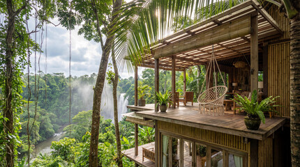 Modern luxury treehouse villa featuring a spacious outdoor deck and a macrame swing chair, offering panoramic views of a lush green jungle landscape and a powerful descending waterfall