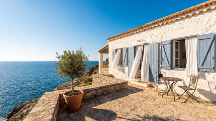 Traditional mediterranean stone house with white walls, blue shutters and terracotta roof, sunlit terrace overlooking sparkling sea and olive trees  idyllic coastal vacation scene