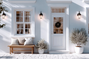 City street storefront mockup, local shop window template, trendy cafe branding design preview, building facade