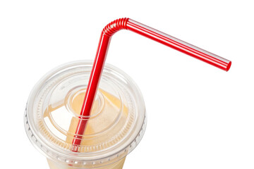 Refreshing drink with red straw in clear plastic cup on black background