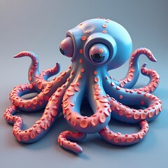 Playful Blue Octopus: A Cute, 3D Cartoon Rendering