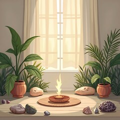 Serene Windowside Sanctuary: Plants, Stones, and a Gentle Flame