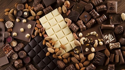 Assorted gourmet chocolates and nuts on wooden table top