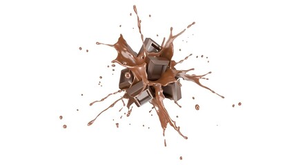 Melted chocolate splashing around chunks of chocolate