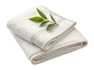 Soft white towels with green leaf on black background for spa and bathroom luxury