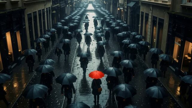 One person with a red umbrella stands a rainy city street amidst a sea of dark umbrellas. Showcasing distinctiveness and personal expression