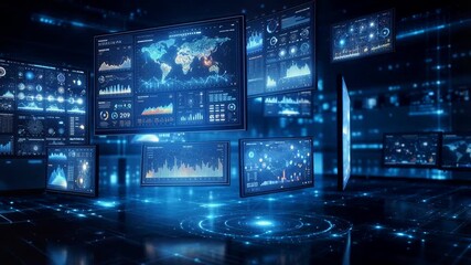 Operations center displaying global data analytics on multiple high-tech monitors. Futuristic dashboard featuring world maps and complex financial charts for corporate monitoring. Lockdown wide shot. - Powered by Adobe