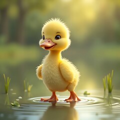 Adorable Fluffy Duckling by the Pond: A Sweet, Sunny Illustration