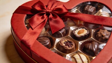 Elegant heart-shaped box of assorted chocolates wrapped in red ribbon for Valentine&rsquo;s gift