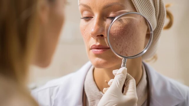 Woman is examining another woman's face with a magnifying glass. The woman holding the magnifying glass is a doctor, likely a dermatologist, who is checking for any skin issues or abnormalities