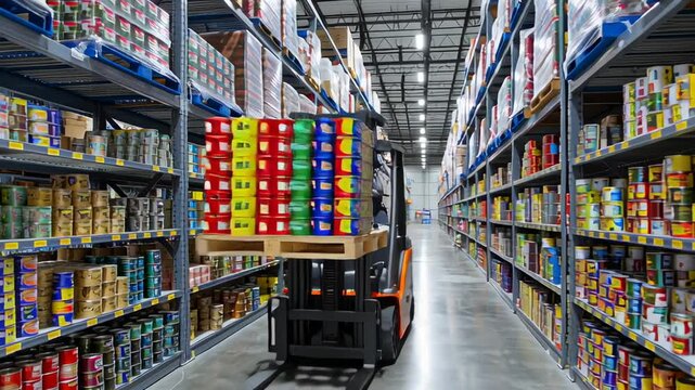 Large supermarket aisle with many canned goods. The aisle is very long and has many shelves. The cans are stacked on top of each other and are of different sizes