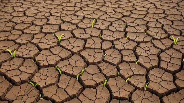 Green grass sprouts emerging from parched soil. Small plants growing through deep fissures in cracked earth