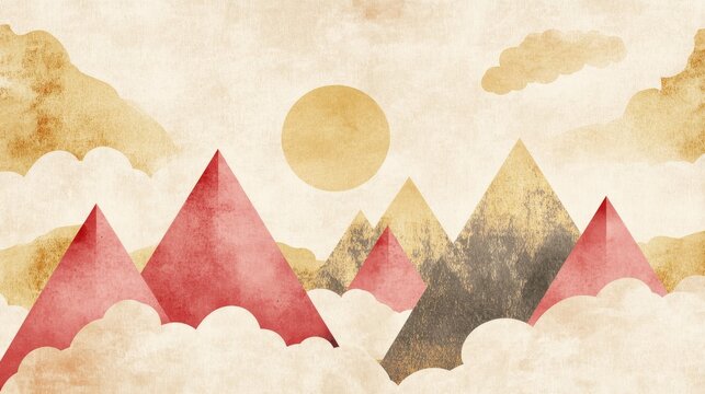 A minimalist oriental watercolor painting of abstract mountains, golden lines, landscape, sun, hills, and cloud texture, perfect for use as wallpaper or prints in home decor
