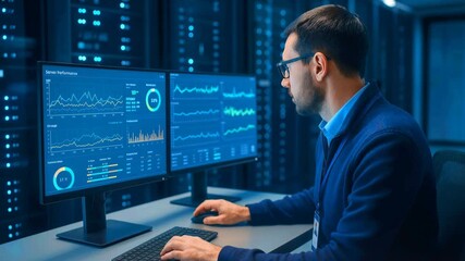 Infrastructure manager monitoring server performance on dual monitors in high-tech data center - Powered by Adobe