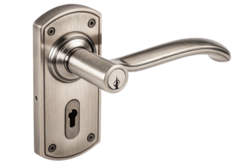 Modern silver door handle with keyhole on black background