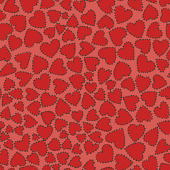 Seamless red heart pattern with dotted outline on pink background