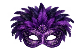 Purple masquerade mask with elegant feathers and glitter, symbolizing mystery, carnival, and celebration against a transparent background