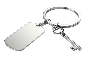 Silver keychain with dog tag and key on black background