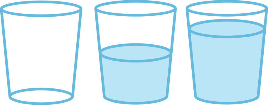 Glass volume comparison, empty half full full, liquid measurement concept, water level, flat vector illustration, transparent container set