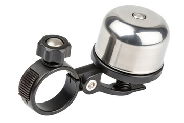 Close-up of sleek bicycle bell with shiny silver dome and black clamp