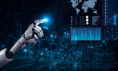 A robotic hand points to a digital display showcasing analytics and a world map, emphasizing the intersection of technology, data analysis, and future innovation. Scalp