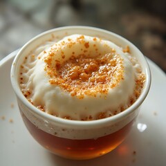 Warm Golden Drink Topped with Fluffy White Cream in Mug