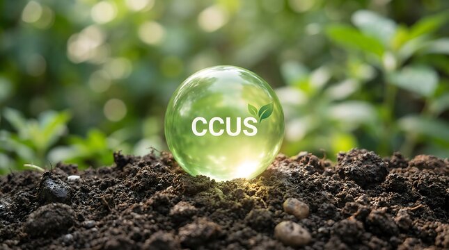 carbon capture glass globe on soil with green leaves background