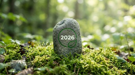 stone with 2026 green logo in forest