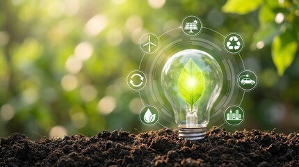 Eco friendly light bulb with green leaf on soil