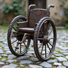 Antique Wheelchair Sculpture: Rustic, Weathered Metal, Cobblestone Setting