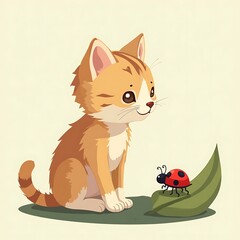 Adorable Ginger Kitten Gazes at Ladybug on Leaf: Whimsical Cartoon Illustration