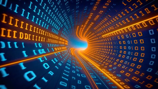 Infinite stream of orange and blue binary digits flowing through curved digital tunnel