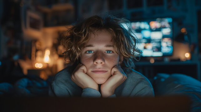 A young man is sitting on a bed with his hands on his knees